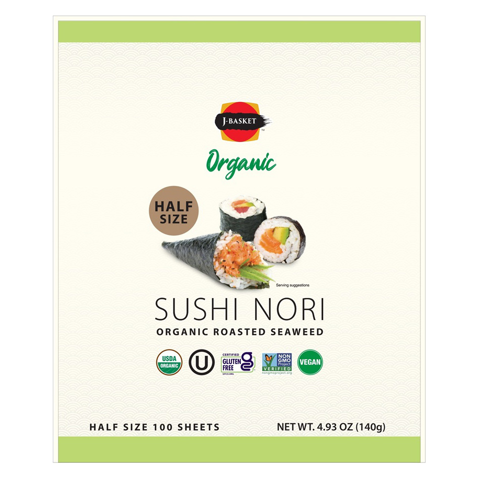 J-BASKET ORGANIC SUSHI NORI ROASTED SEAWEED HALF KOREA 10/100 SHEET