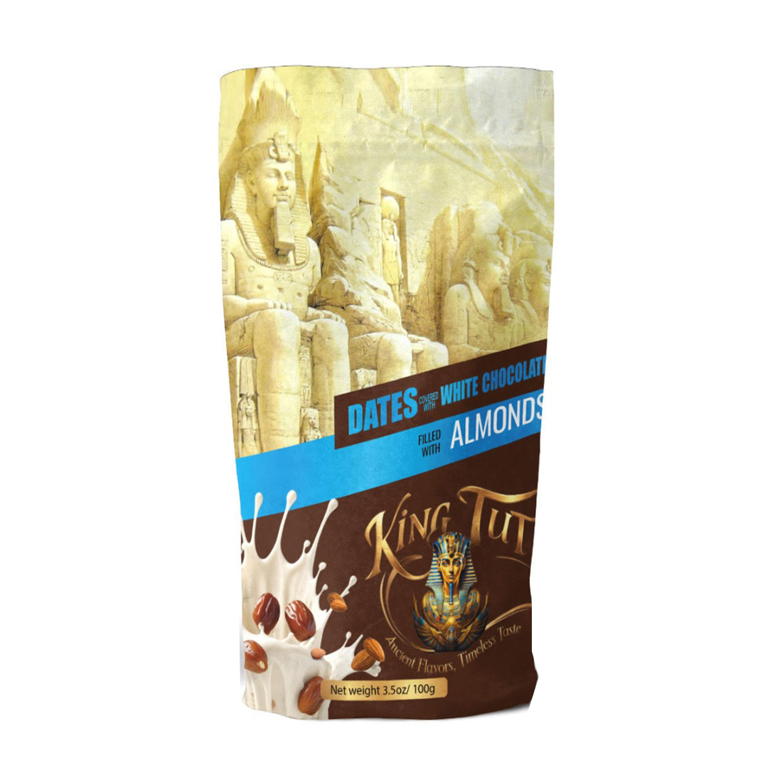 KING TUT DATES COVERED W/WHITE CHOCOLATE FILLED W/ALMONDS 6/3.50 OZ